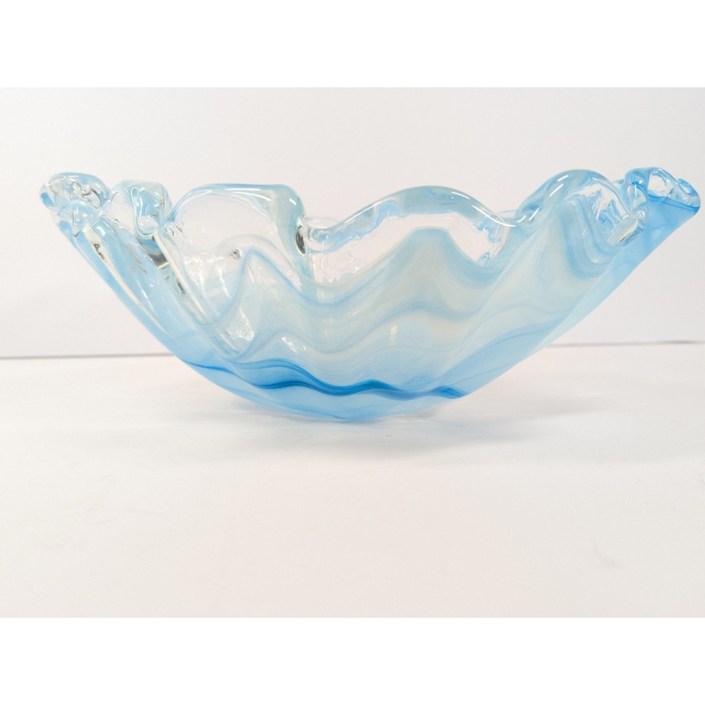 Art Glass Aqua Teal & Clear Gondola Bowl Ruffle Edge